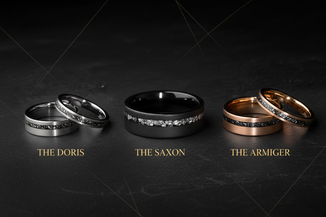 Sagaband meteorite rings: The Doris, Saxon, and Armiger styles in silver, black, and rose gold finishes.
