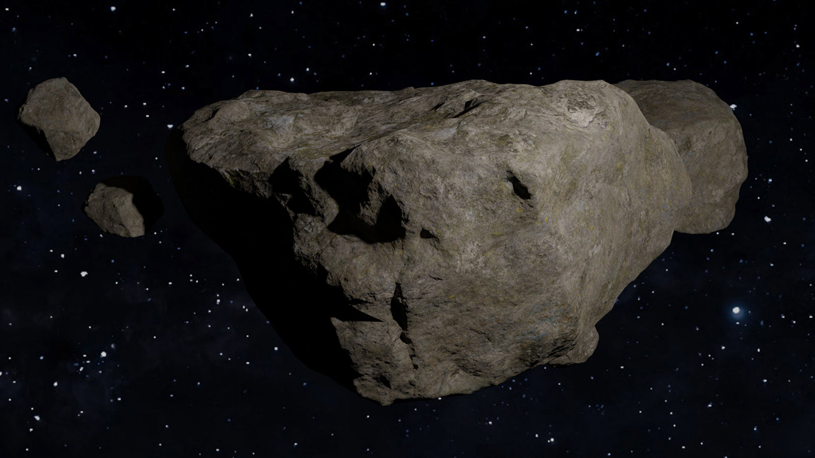 Asteroids floating in deep space with stars in the background, symbolizing meteorite wedding bands.
