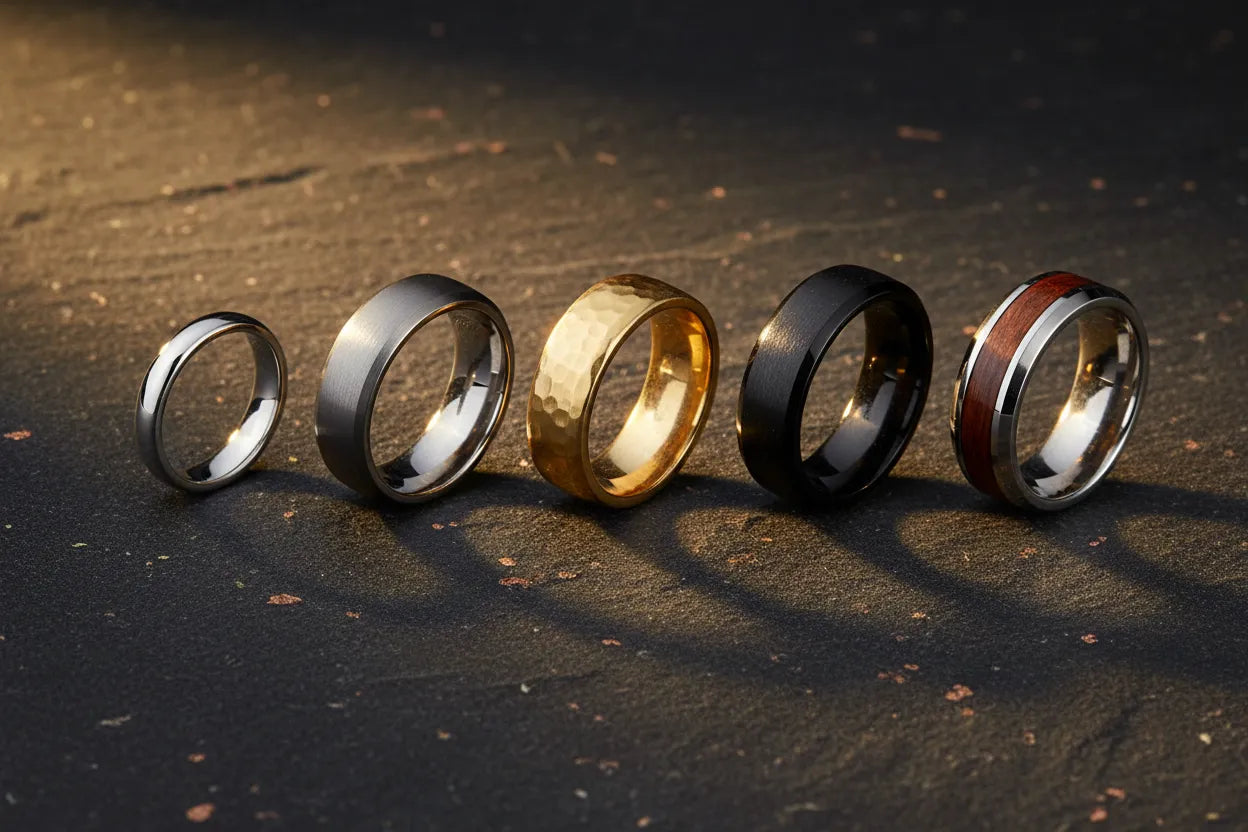 Five tungsten rings in silver, gray, gold, black, and wood inlay styles lined up on a textured dark surface.