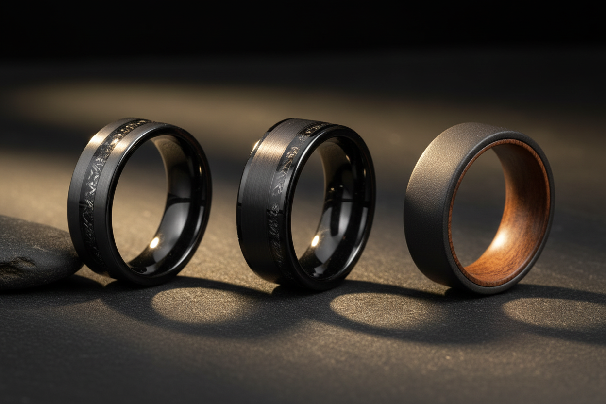 Three dark men’s rings with black metal finishes and wood or patterned inlays on textured surface