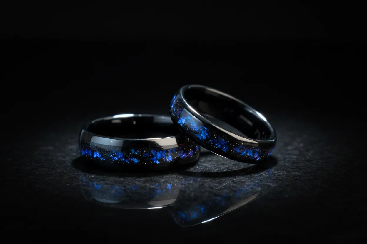 A man's hand wearing a sleek Sagabands comfort fit ring, resting against dark grey textured fabric
