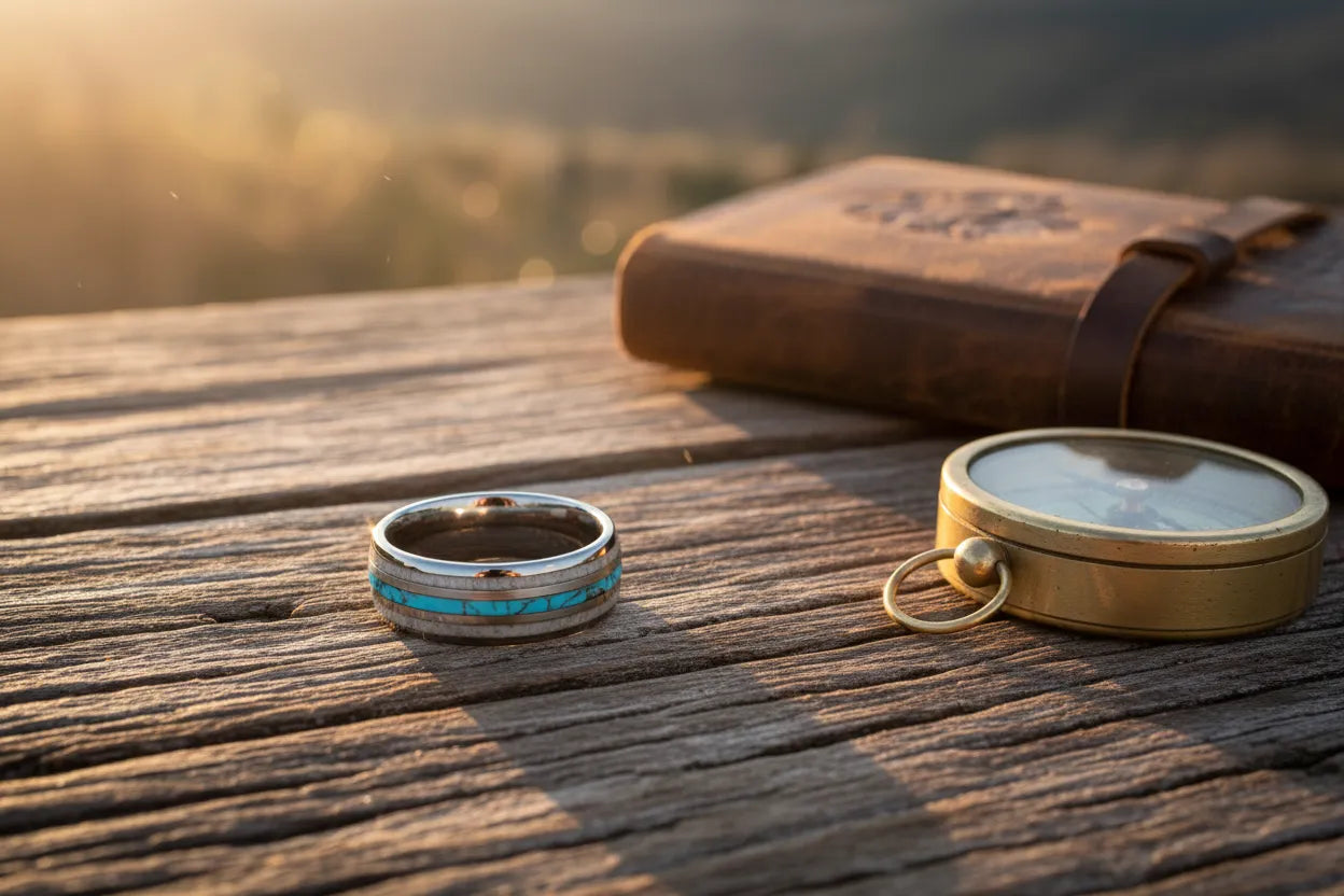 A silver Sagabands ring with a turquoise inlay sits on rustic wood beside a vintage compass and leather journal.