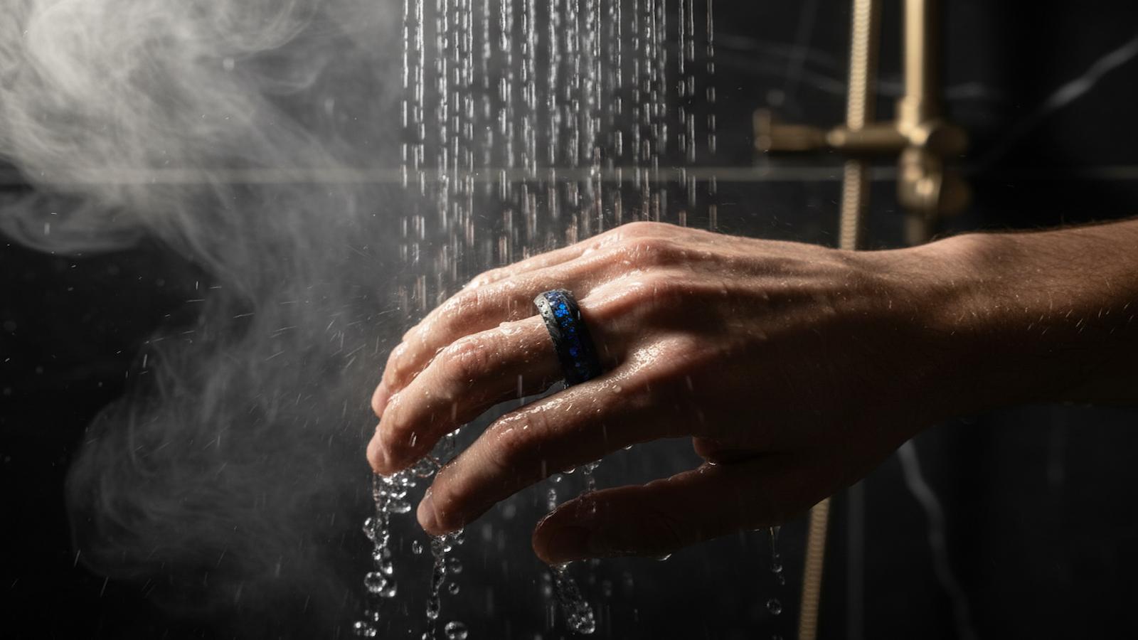 Sagabands Dark Moon collection ring shown in a shower setting to demonstrate daily hazards.
