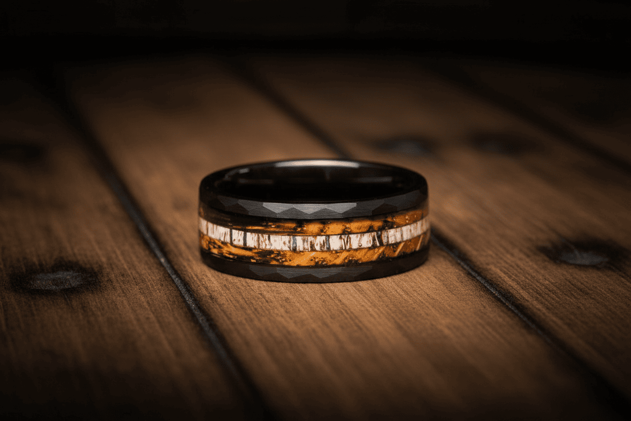 A Sagabands black faceted ring with a textured wood and antler inlay rests horizontally on a dark wooden surface