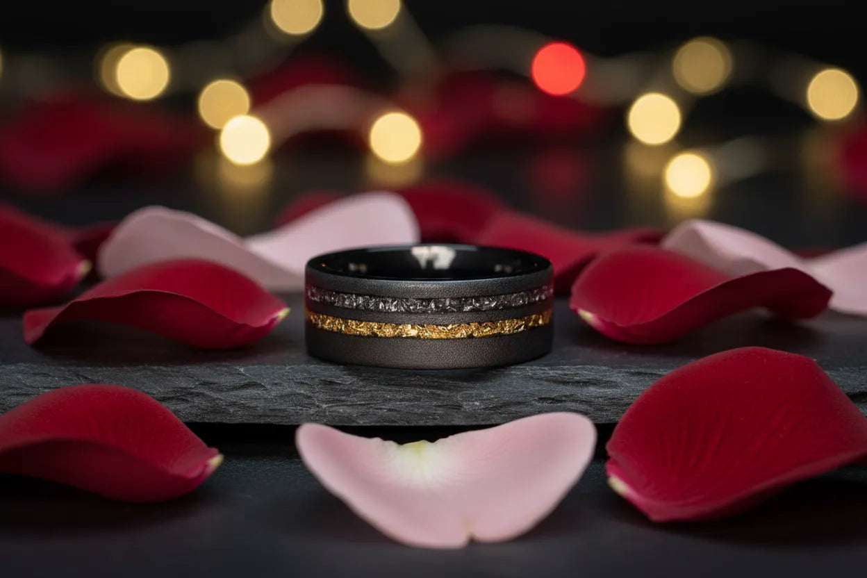 Black meteorite ring with gold inlay on slate, surrounded by rose petals.