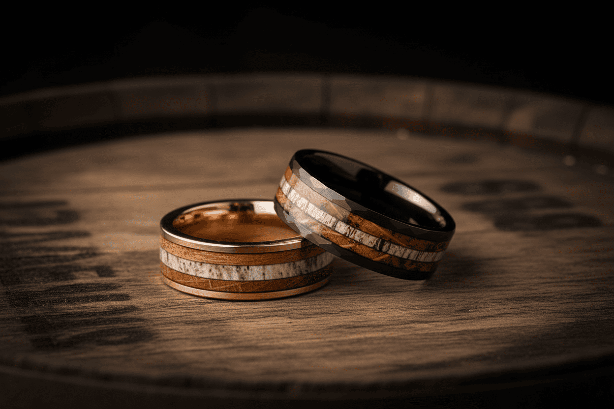 Wood and antler inlay wedding rings with warm brown and black metal bands