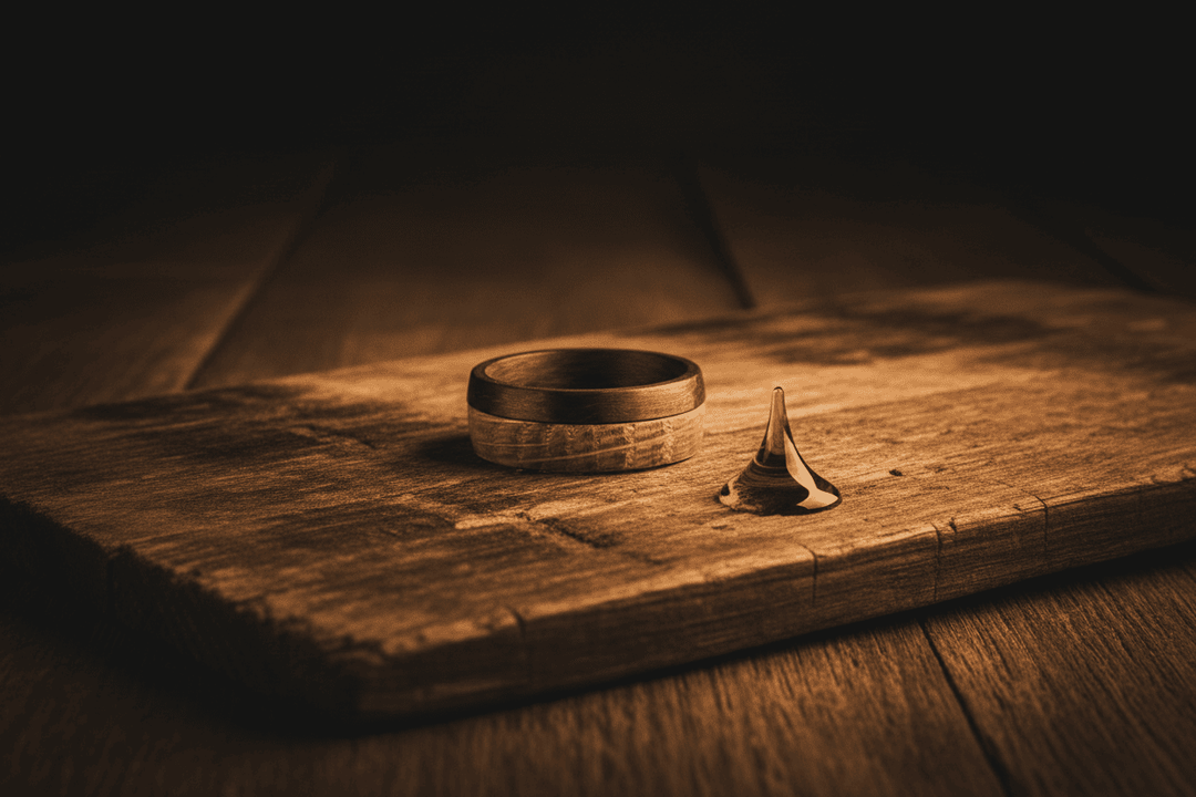 Wood inlay ring on rustic barrel wood with warm lighting and small metal spinner
