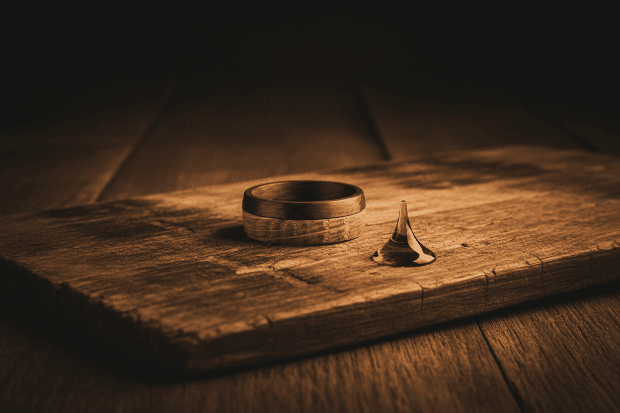 Wood inlay ring on rustic barrel wood with warm lighting and small metal spinner