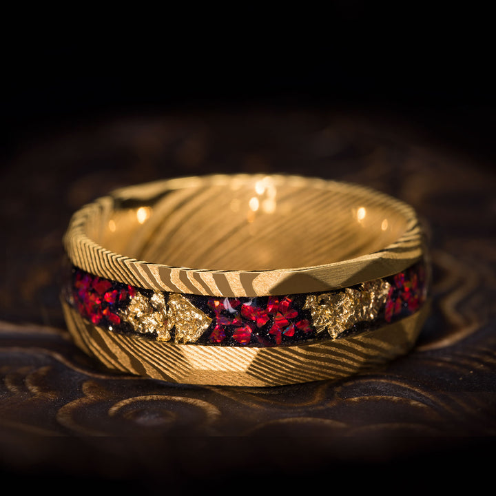 THE ARCHMAGE golden Damascus steel ring with fire opal and gold leaf