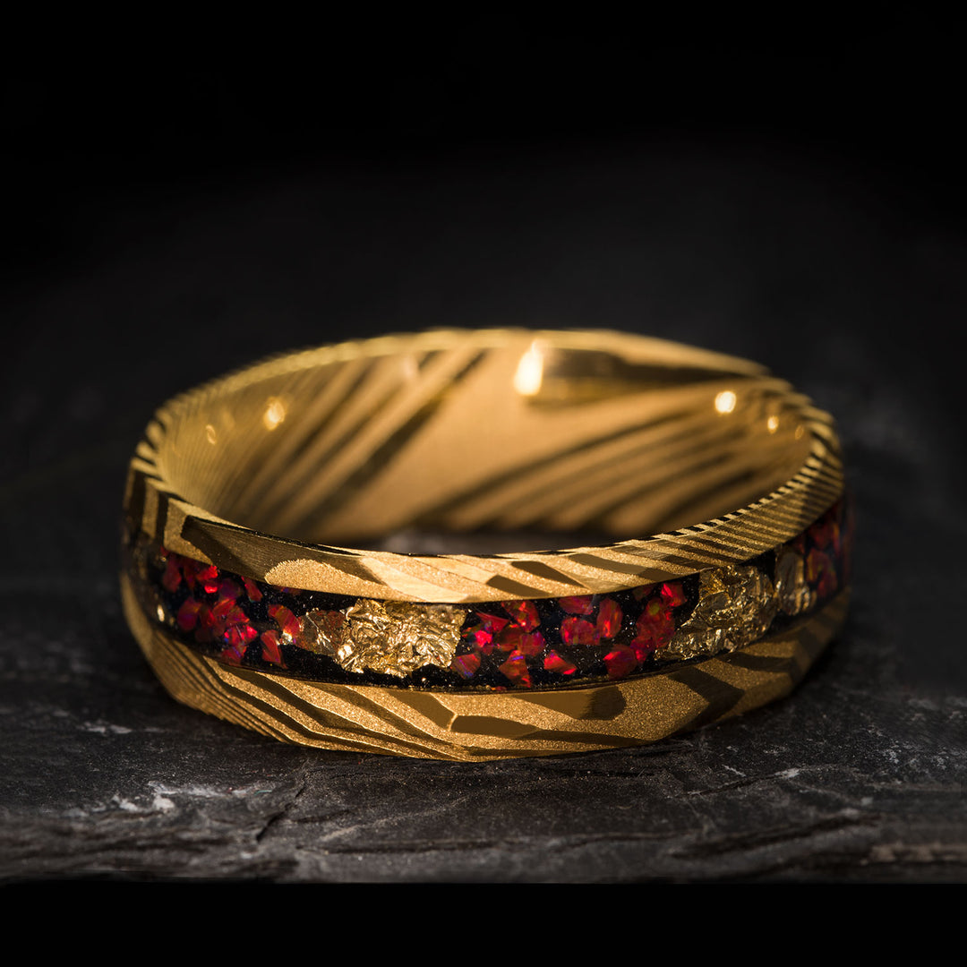 Archmage ring: Golden Damascus steel ring with fire opal and gold leaf inlay