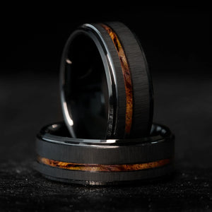 Black brushed tungsten wedding bands with Hawaiian koa wood inlay