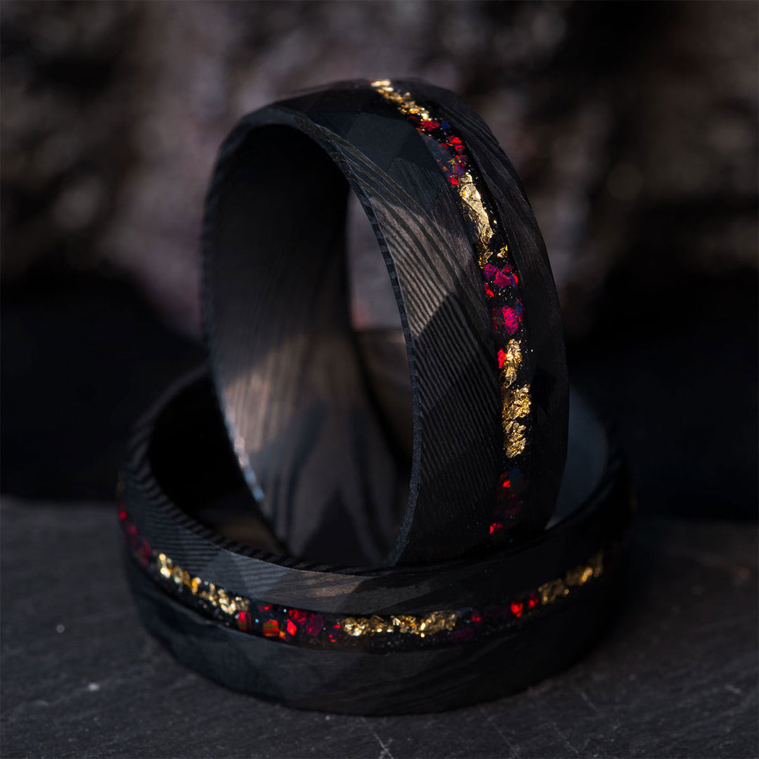 THE BRAVE FIRE ring: Black Damascus steel with gold leaf and fire opal