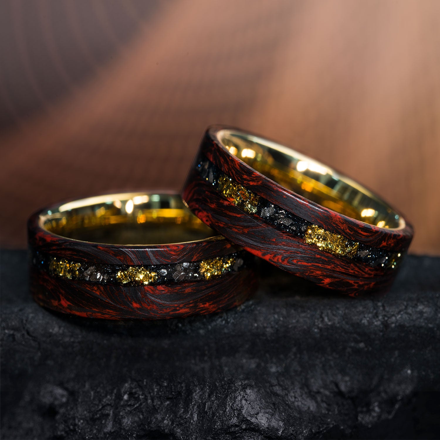 THE CRIMSON FLAME Ring | Forged Carbon, Meteorite & 22K Gold Leaf