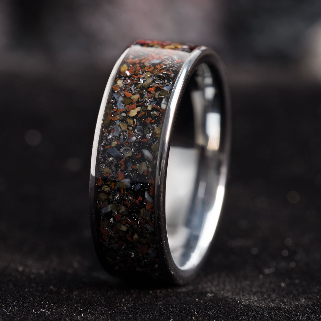 Dinosaur bone ring with meteorite dust