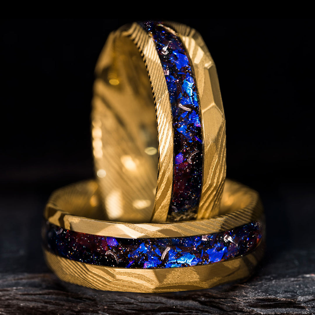 Hammered Gold Damascus steel ring with alexandrite and meteorite inlay