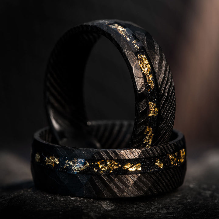 Damascus steel rings with gold leaf and meteorite inlay, The Exorcist set