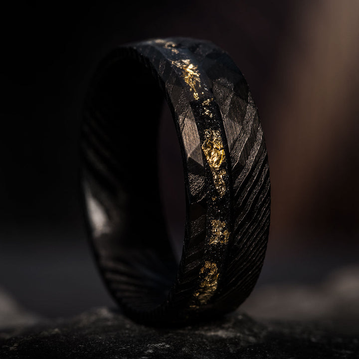 Hammered Damascus steel ring with gold leaf inlay