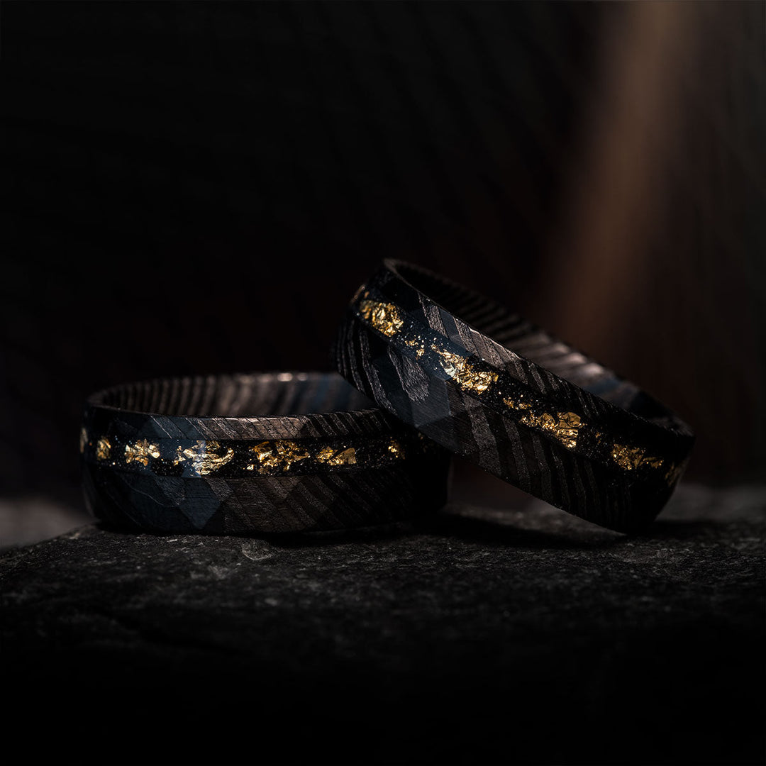 Damascus steel rings with gold leaf inlay, The Exorcist Set