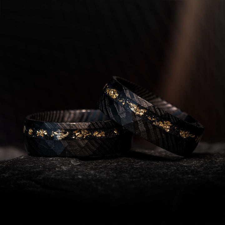Damascus steel rings with gold leaf inlay, The Exorcist Set
