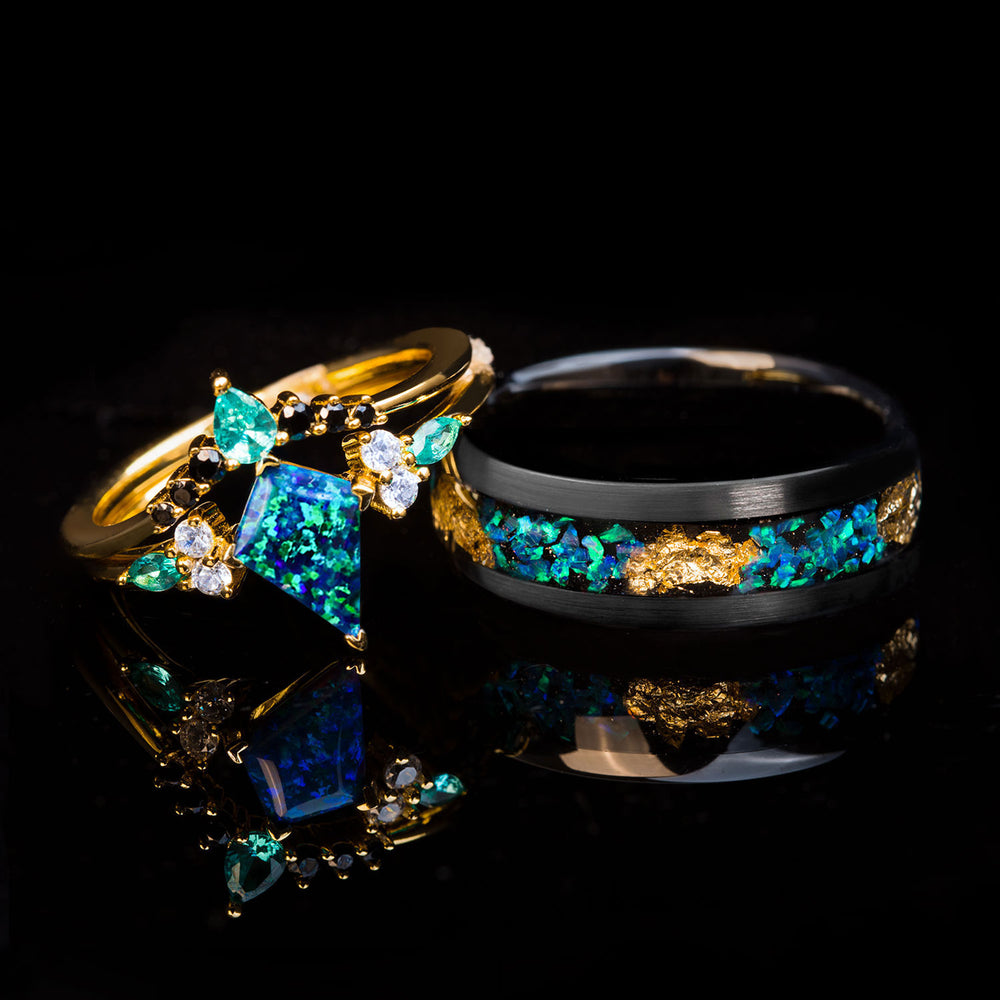The Life Light Set: gold kite peacock blue opal ring & black tungsten gold leaf band.