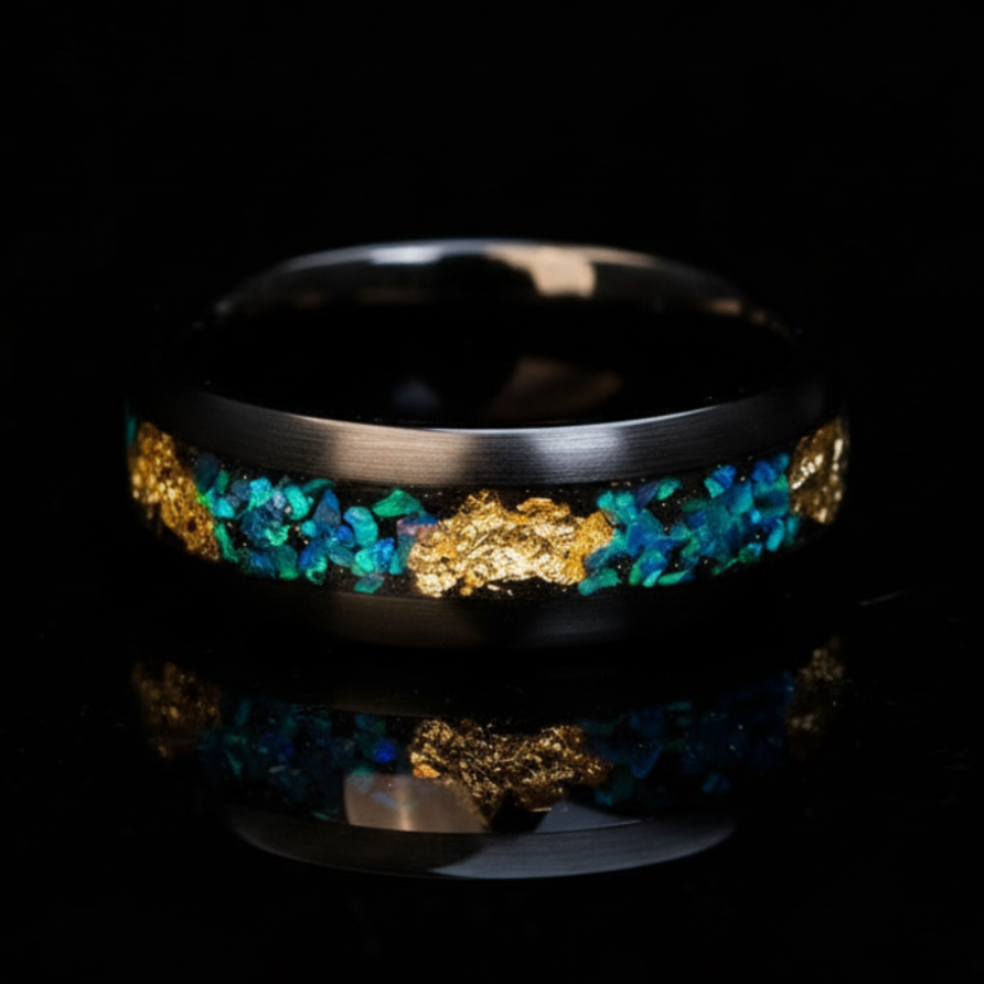 The Life Light ring: brushed tungsten, peacock blue opal, gold leaf.