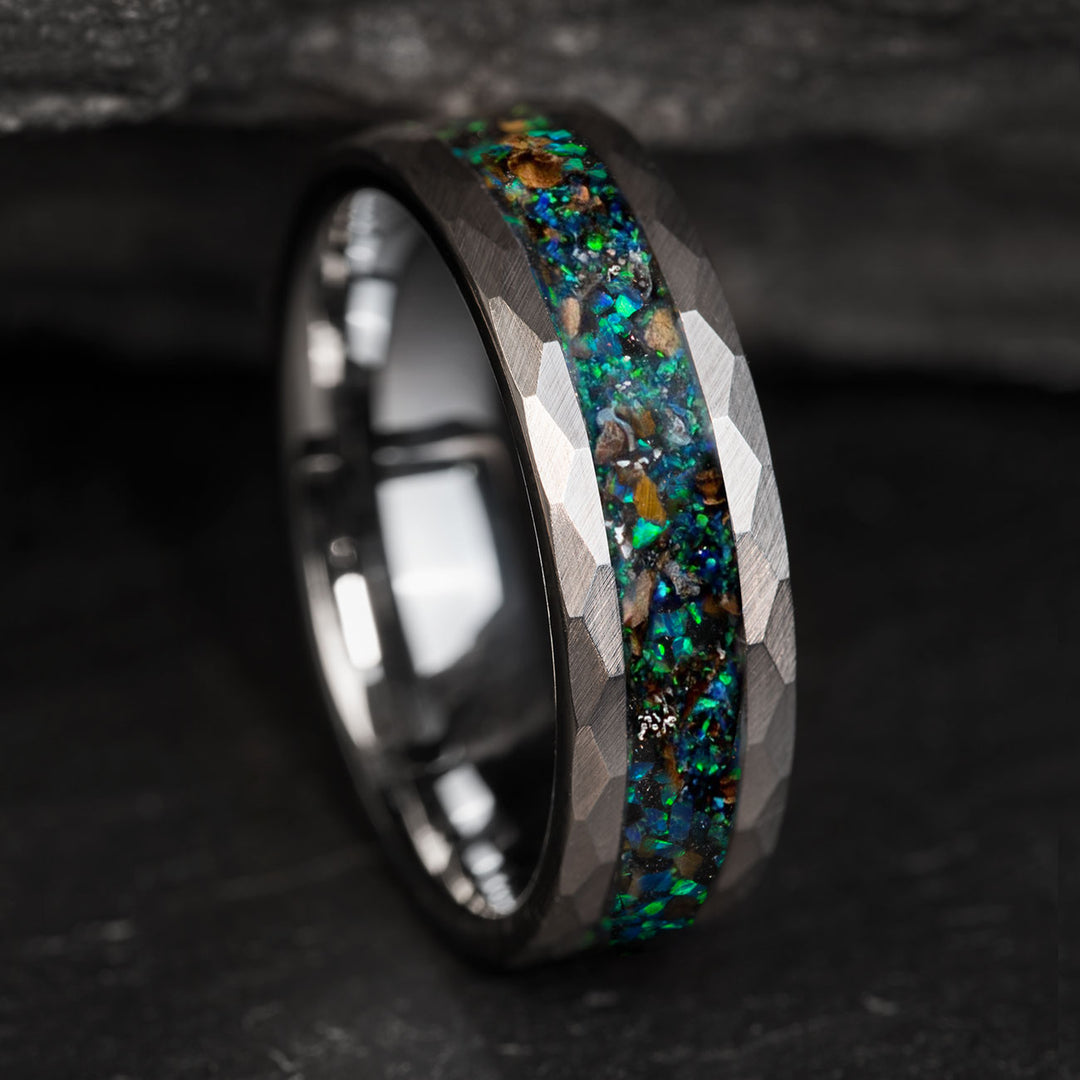 Hammered Tungsten Ring with Opal and Dinosaur Bone Inlay