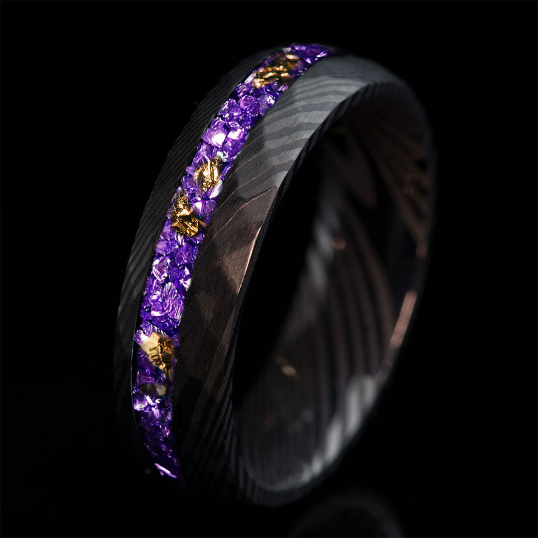 THE STORM FLAME wedding ring with Damascus steel, gold leaf, and violet German glass inlay