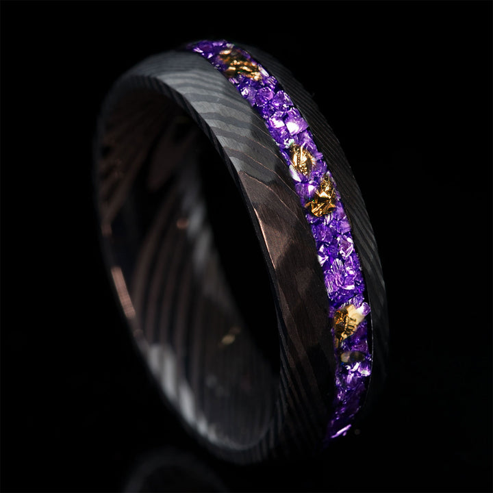 Damascus steel wedding ring with violet German glass inlay