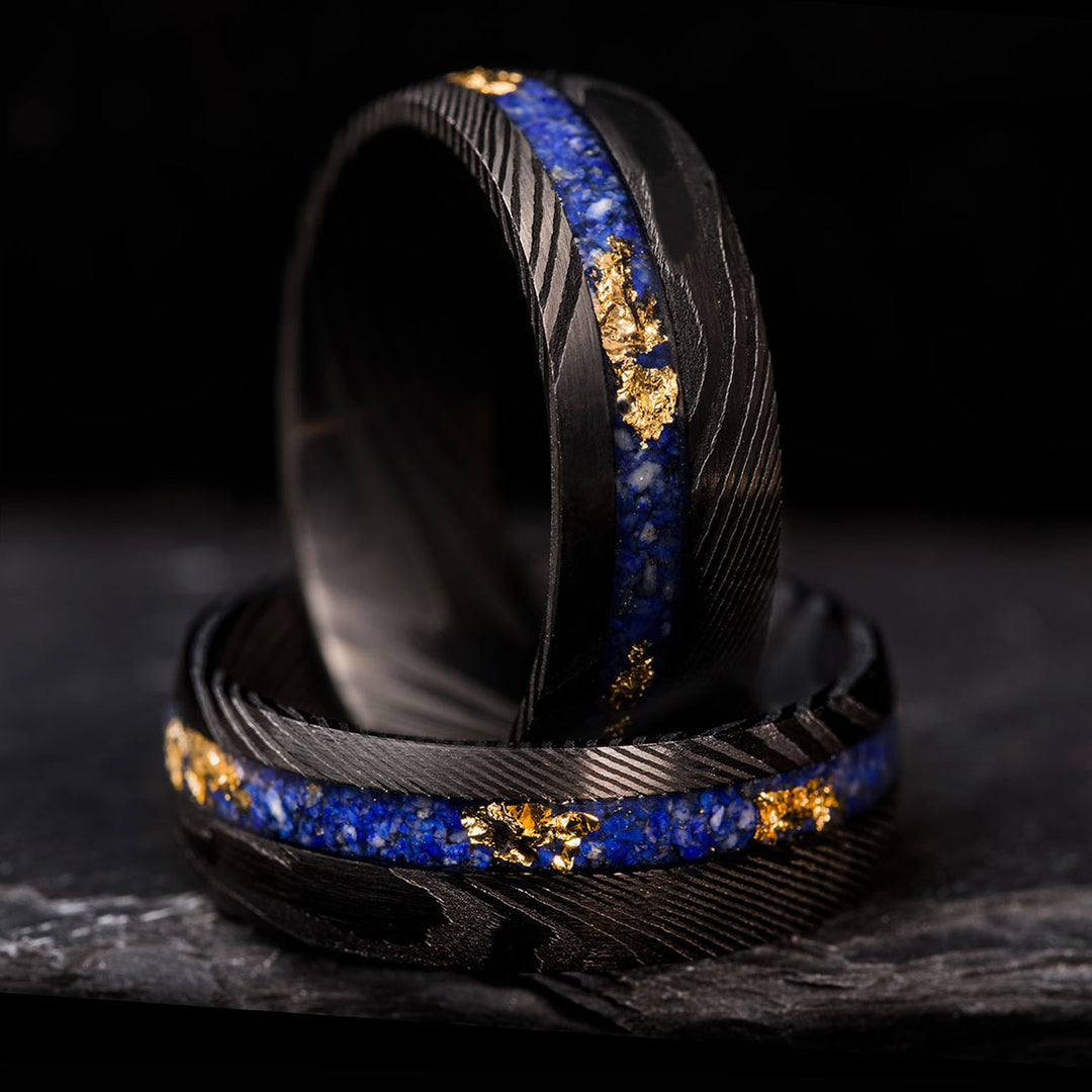 Black Damascus steel ring with lapis lazuli and gold foil - The Neptun