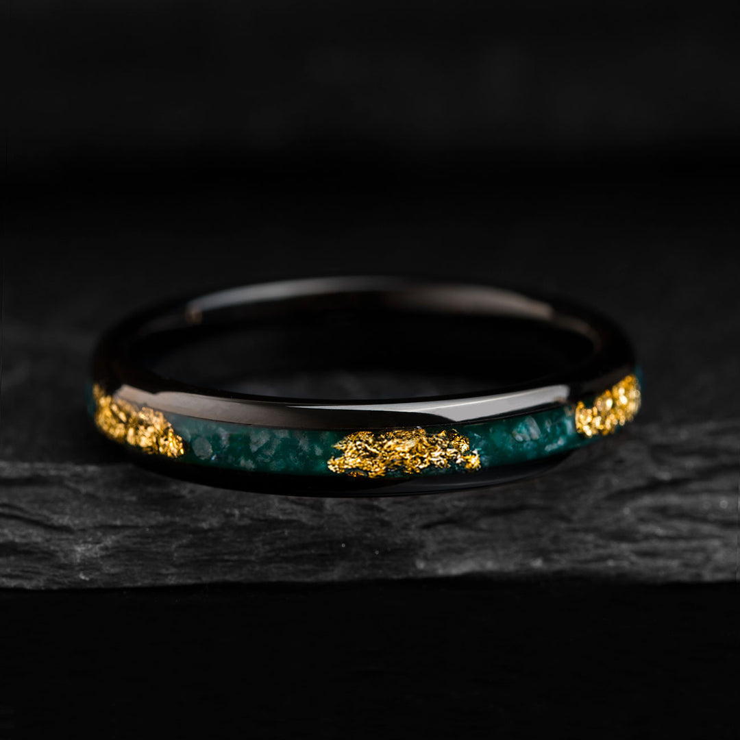 THE SOURCE LIFE wedding ring with gold leaf and green agate inlay