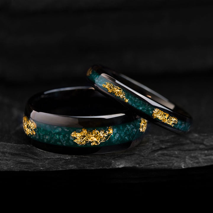 THE SOURCE LIFE wedding ring with black tungsten, gold leaf, and green agate inlay