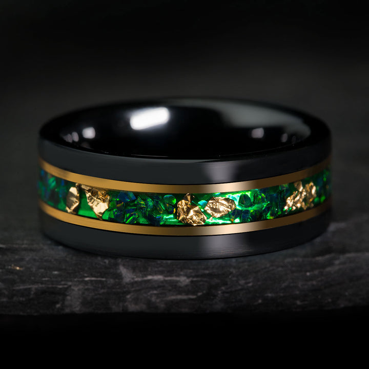 Black tungsten wedding ring with green opal and gold leaf