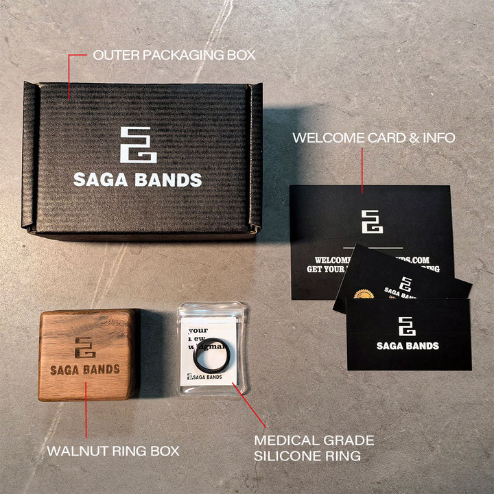 Saga Bands ring packaging with welcome card and silicone ring