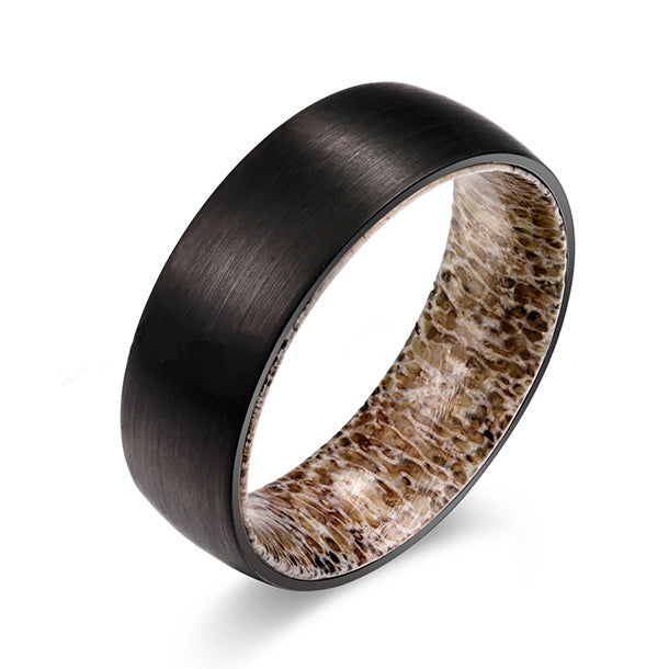 Black tungsten ring with antler inlay, unique wedding band