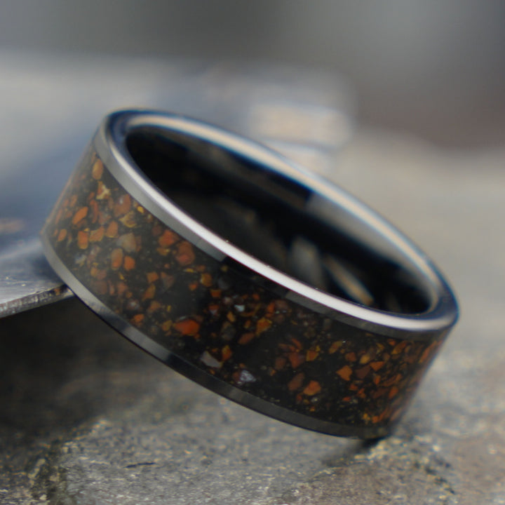 THE JURASSIC: Tungsten ring with T-Rex fossil inlay