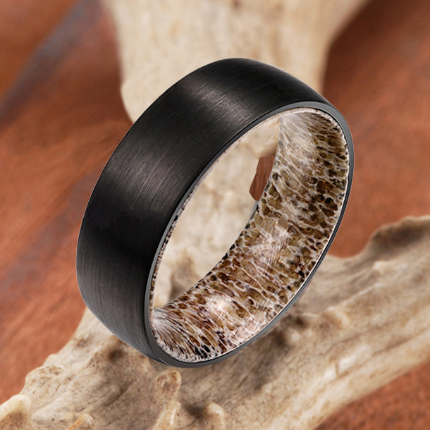 THE MARKSMAN antler wedding ring with black tungsten exterior