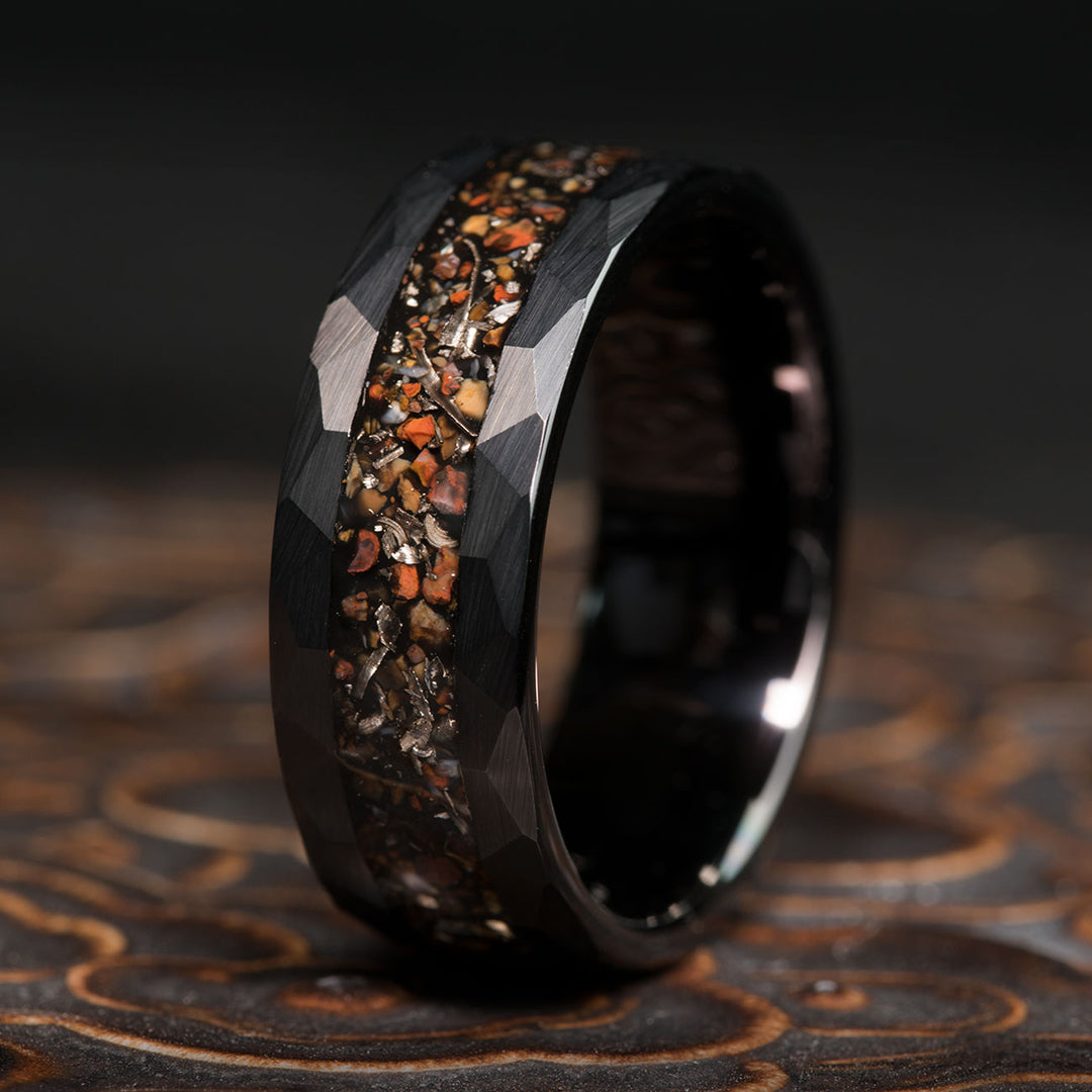 Black tungsten ring with dinosaur bone and meteorite inlay, THE T-REX ring