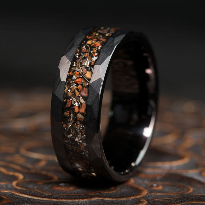 Black tungsten ring with dinosaur bone and meteorite inlay, THE T-REX ring