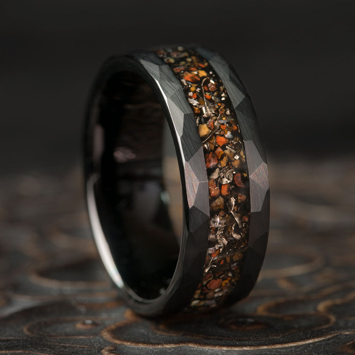 Black tungsten ring with T-Rex bone and meteorite inlay