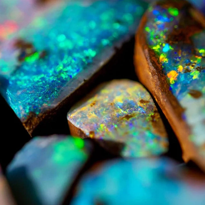 Close-up of vibrant, colorful opal gemstones