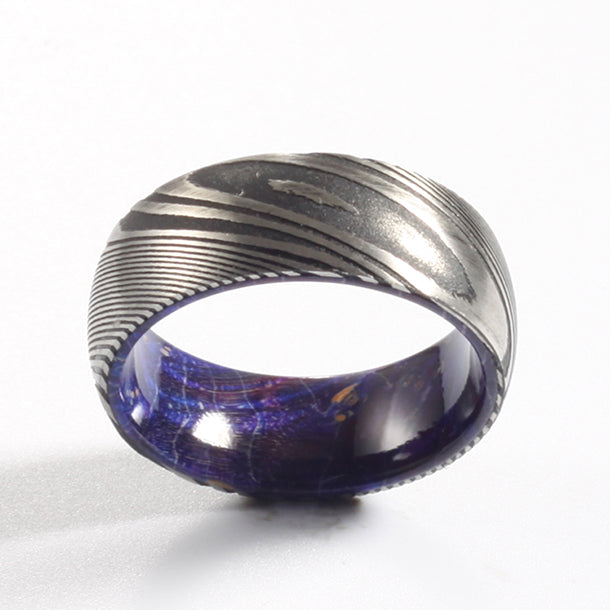 THE DUKE | Damascus Steel Ring & Redheart Wood Ring | Saga Bands