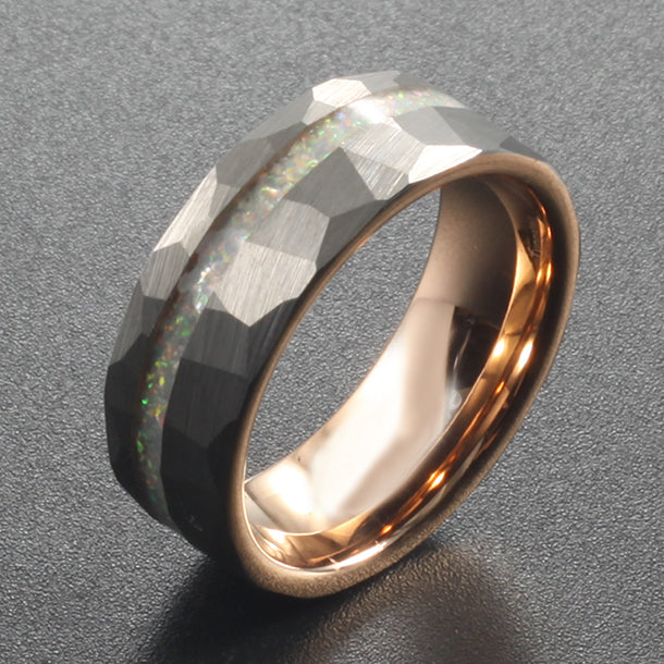 The Big Dipper: Hammered silver tungsten ring with rose gold interior and iridescent opal inlay resembling a starry sky.