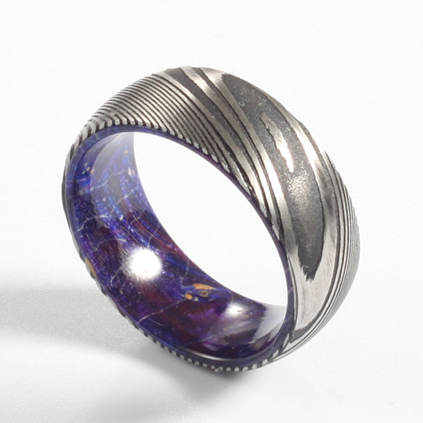 The Duke 8mm Damascus steel ring with blue resin redheart wood inlay, flat comfort fit band for men.