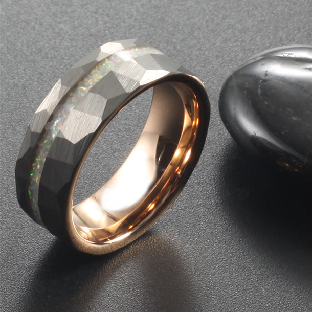 Tungsten ring with opal inlay, cosmic style