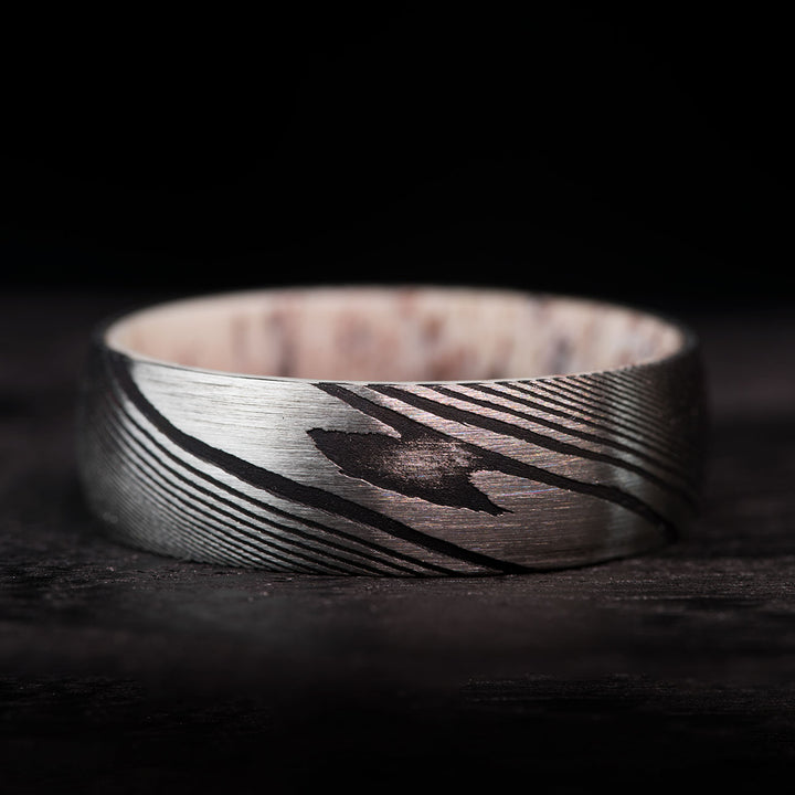 Damascus steel and antler wedding ring for men - The Paladin