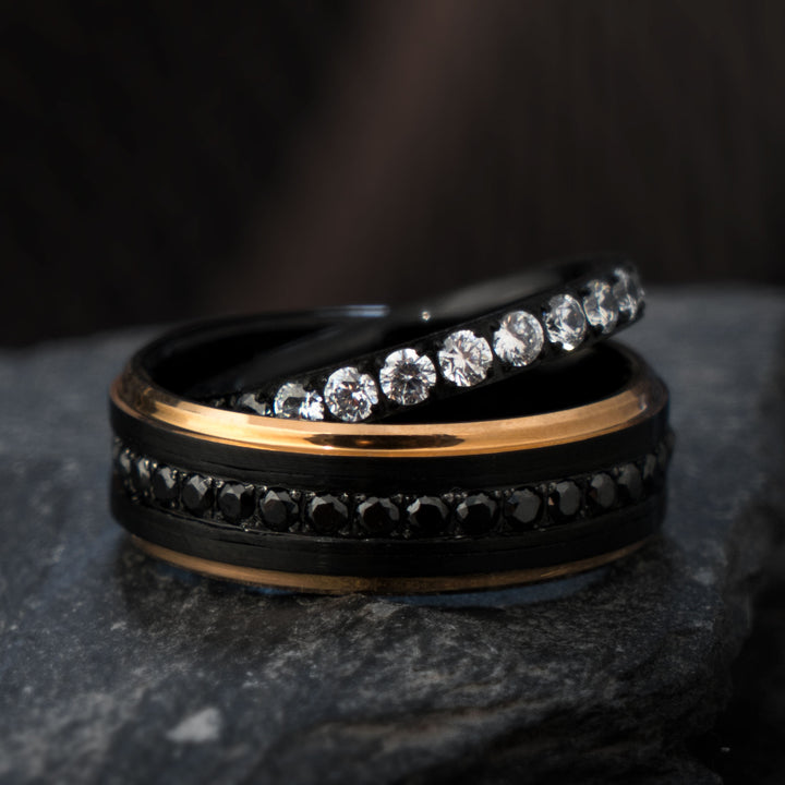 Matching titanium rings with cubic zirconia and black accents, wedding ring set