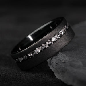 The Armiger black tungsten ring with sandblasted finish and Gibeon meteorite inlay, 8mm width.