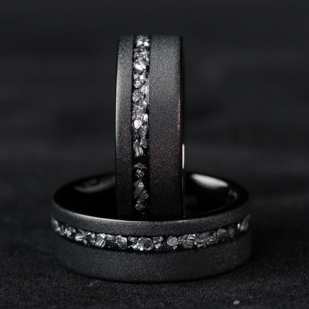 The Armiger two black tungsten rings, sandblasted finish, offset Gibeon meteorite inlay, 8mm width.