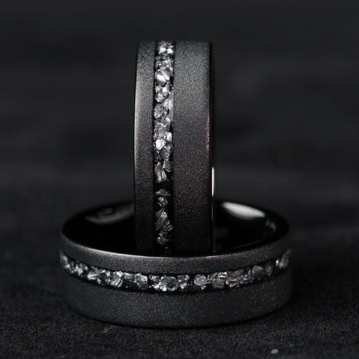 Black Tungsten Ring with Meteorite Inlay, Unique Aesthetic