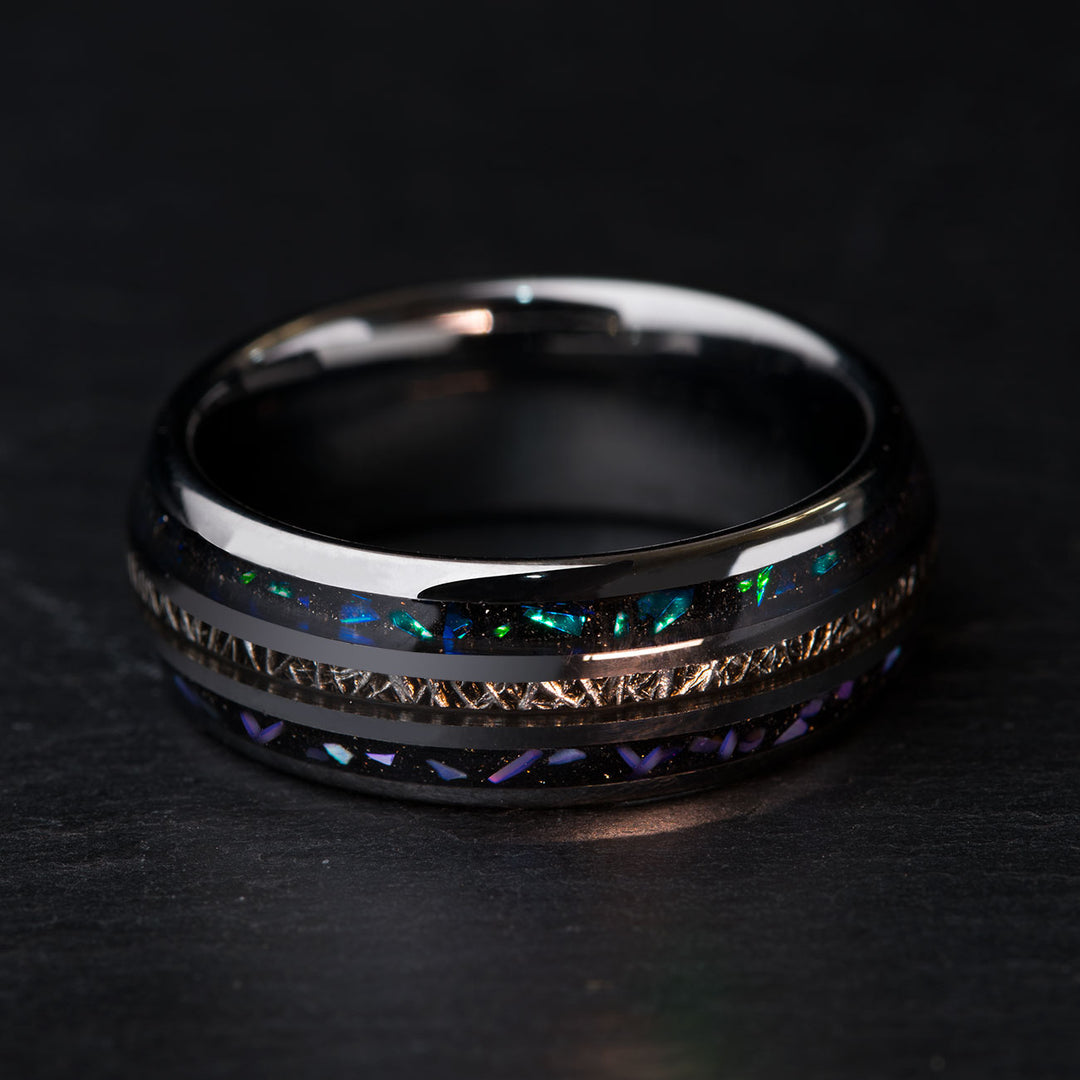 Tungsten ring with opal meteorite and abalone shell setting